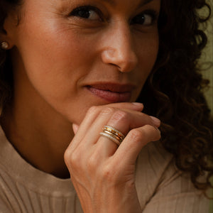 Solid gold ring with 3 rows of pave diamonds and hand applied milgrain detail