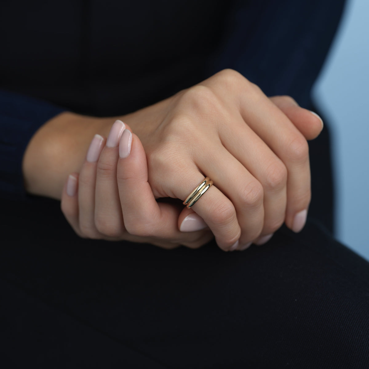 14k solid gold engravable Symmetry Loves Company ring with a double-ridged band