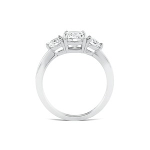 Side view of the 14k white gold three stone diamond engagement ring