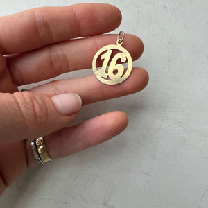 Gold Vintage Circle Number "16" Charm