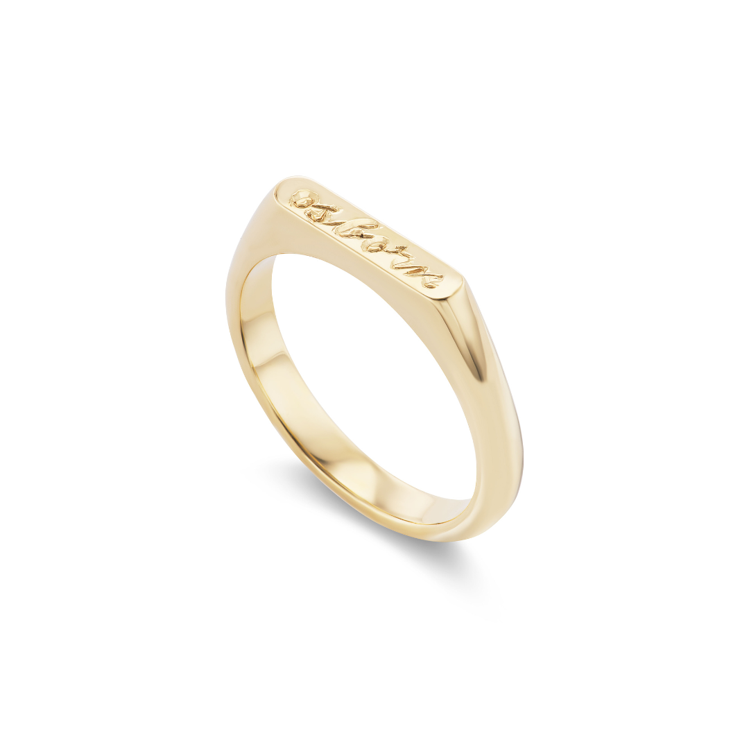 14k solid yellow gold personalized Kismet Signet Ring with custom hand engraving, in 2.5mm