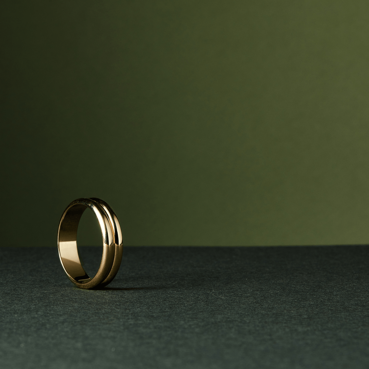 14k solid gold engravable Symmetry Loves Company ring with a double-ridged band