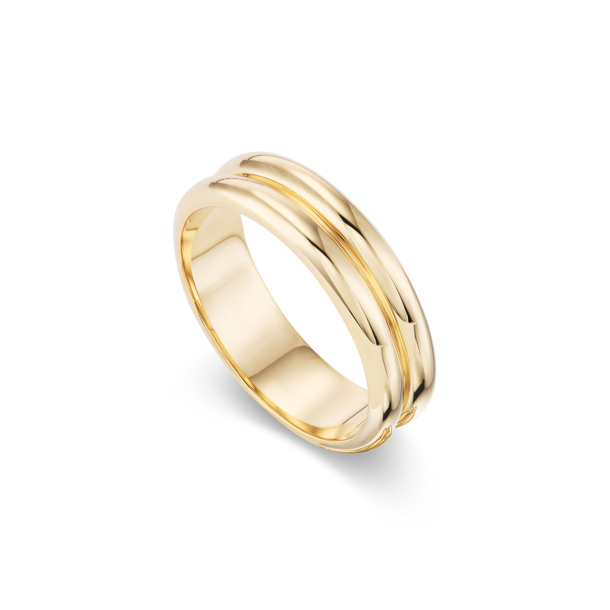 14k solid gold engravable Symmetry Loves Company ring with a double-ridged band