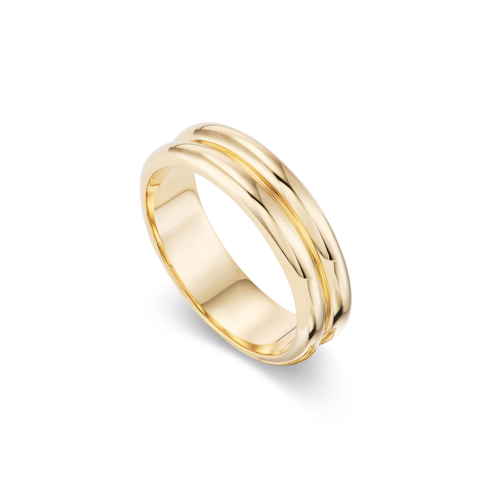 14k solid gold engravable Symmetry Loves Company ring with a double-ridged band
