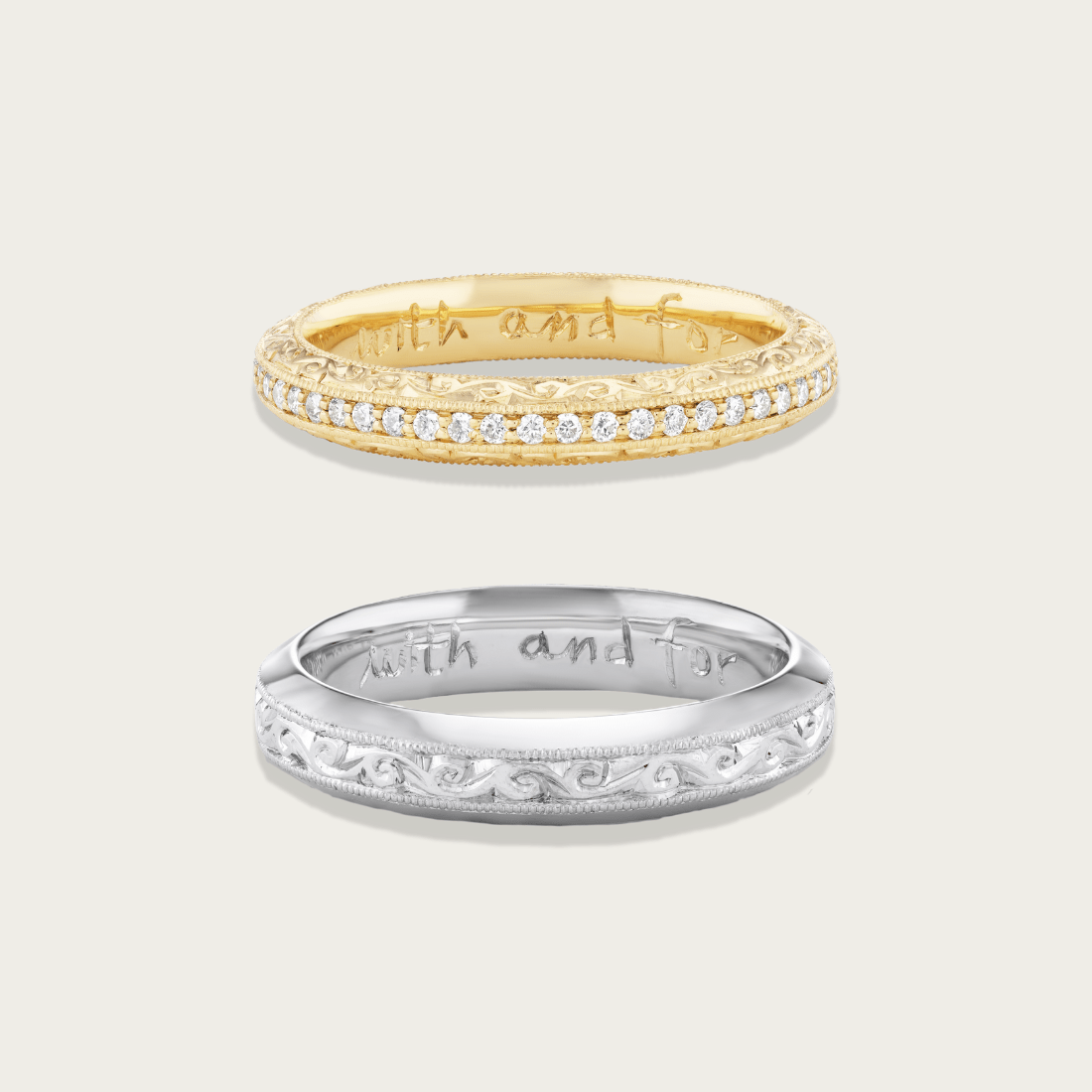 Coordinating Hand Engraved Wedding Bands