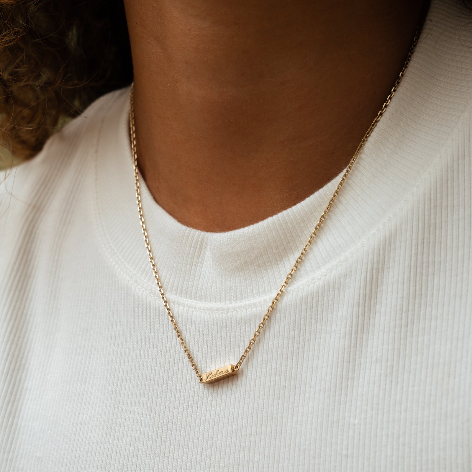 14k solid gold engravable Butter Necklace with a smooth bar pendant