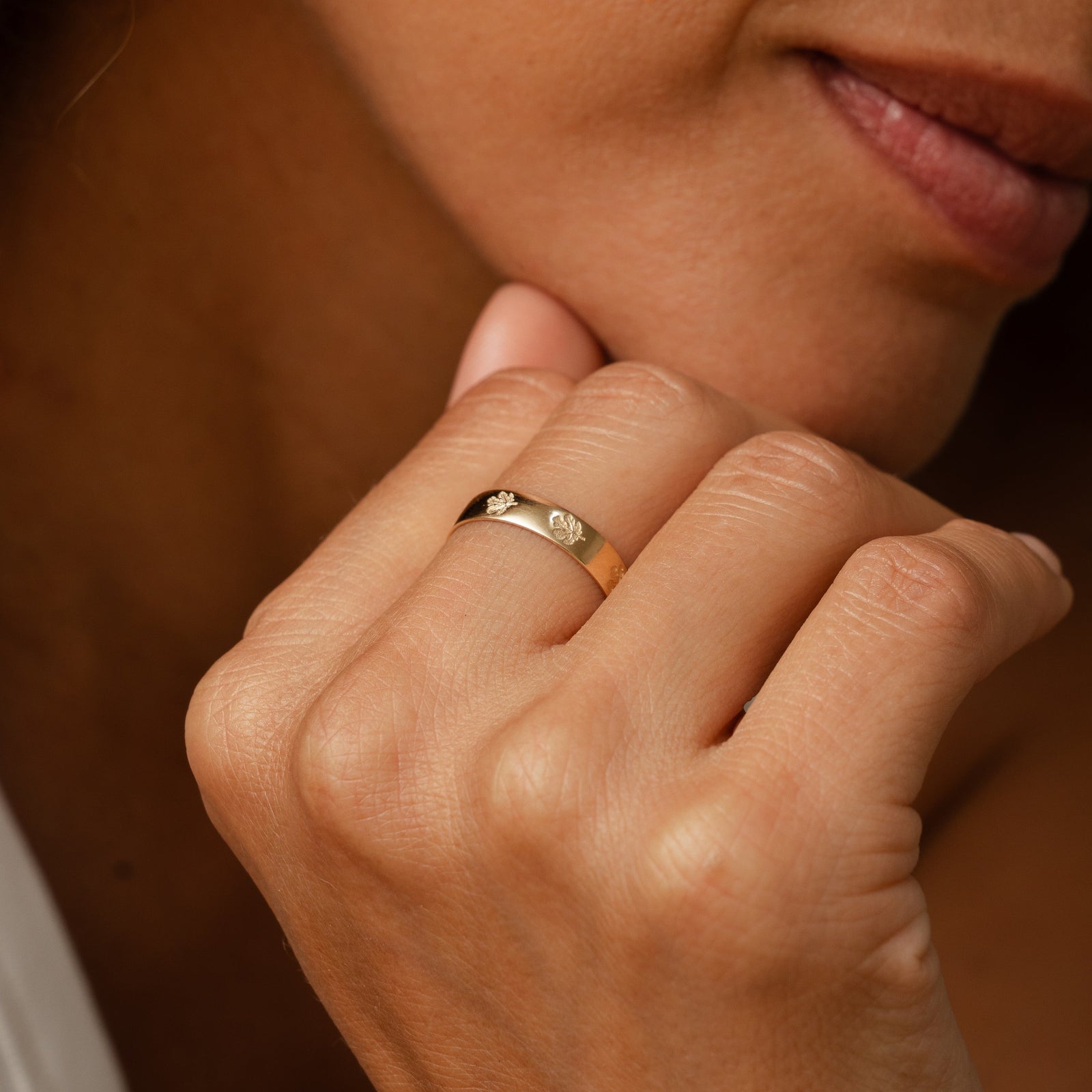 14k solid gold personalized Fig Leaf Ring with custom hand engraving