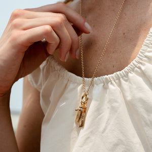 A solid charm charm cluster on a chain with a hinged charm clip
