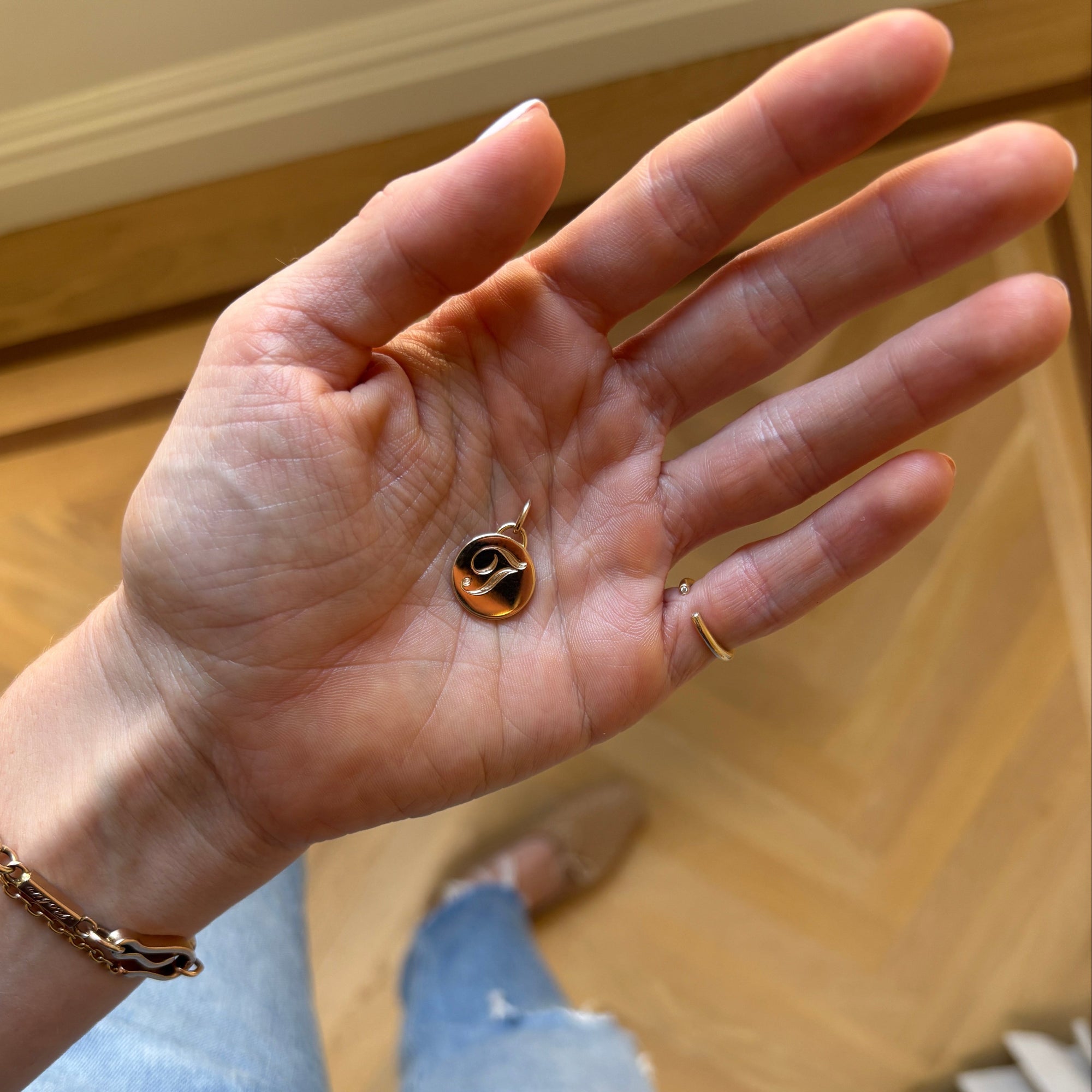SOLD Small Circle Charm with Hand Engraved Heart & Letter T — Archive Sale