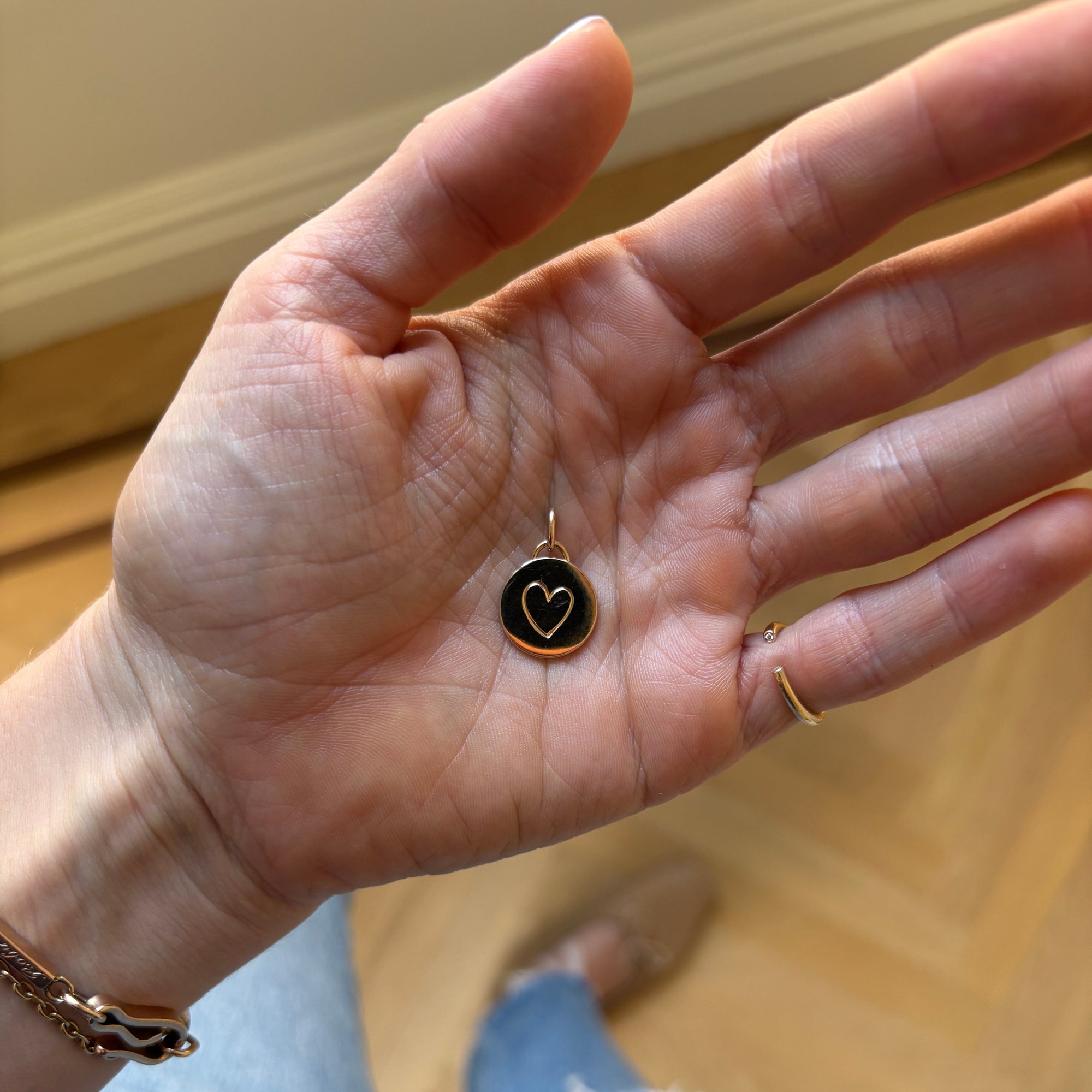 SOLD Small Circle Charm with Hand Engraved Heart & Letter T — Archive Sale