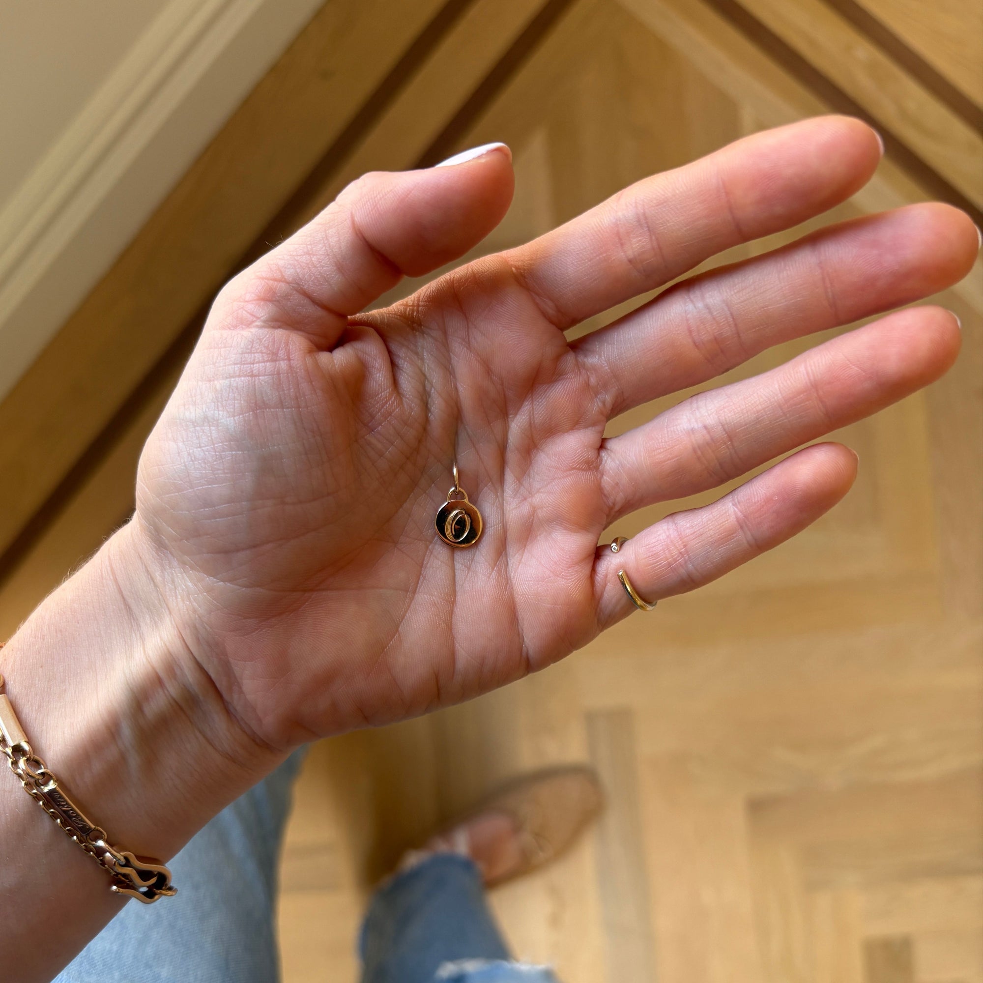 SOLD XS Circle Charm with Letter O & Aquamarine — Archive Sale