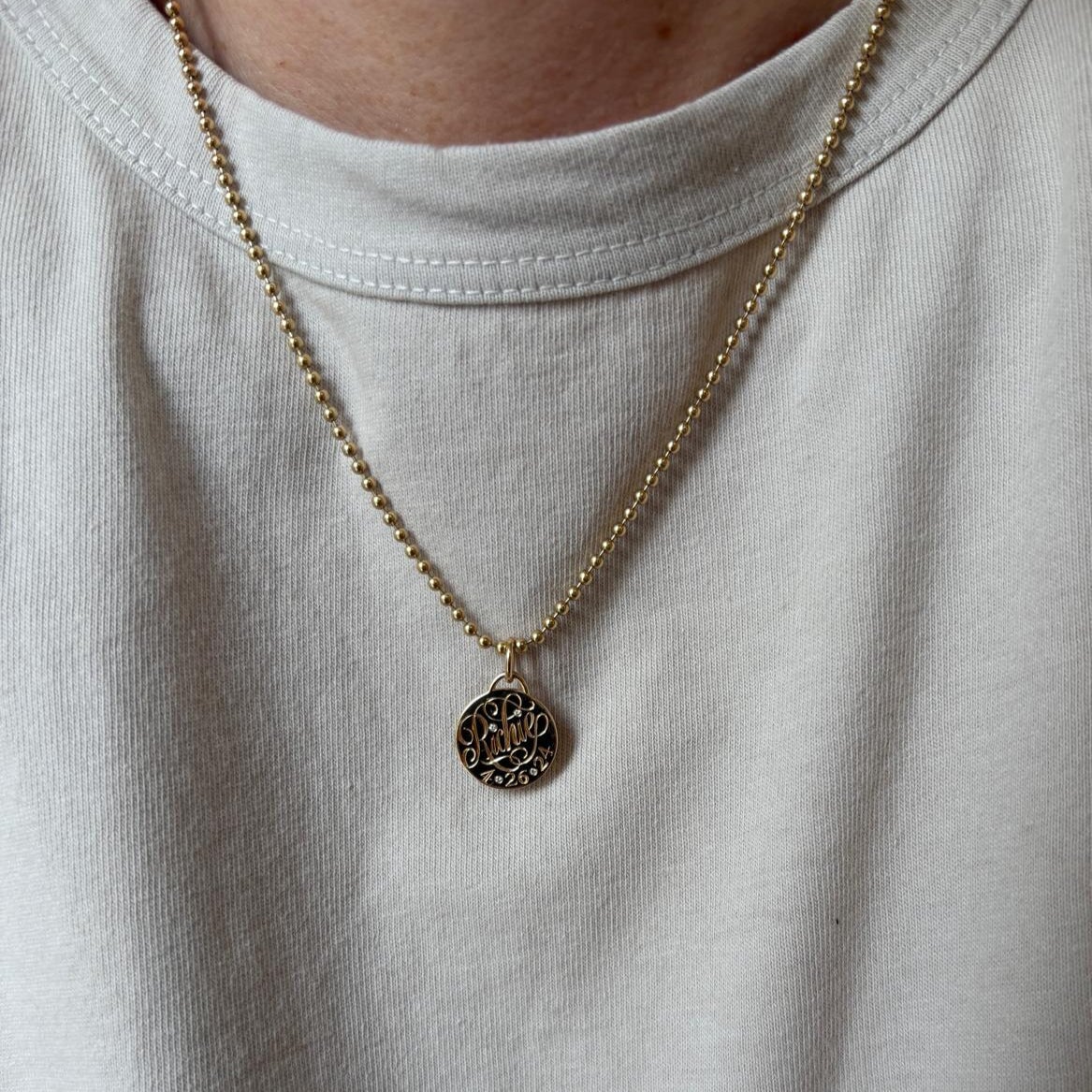 Script Name & Date Circle Charm with Diamonds