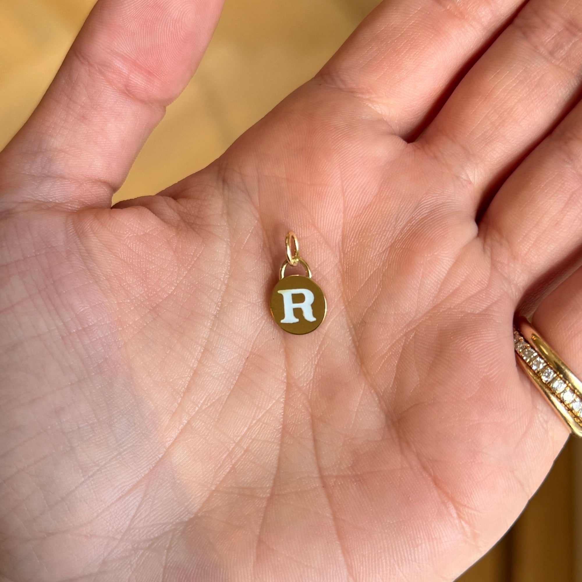SOLD Circle Charm with Enamel Letter R — Archive Sale