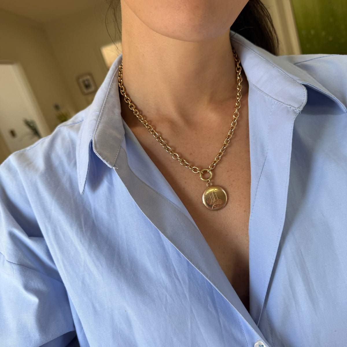 Vintage Old English Hand Engraved "L" Circle Locket