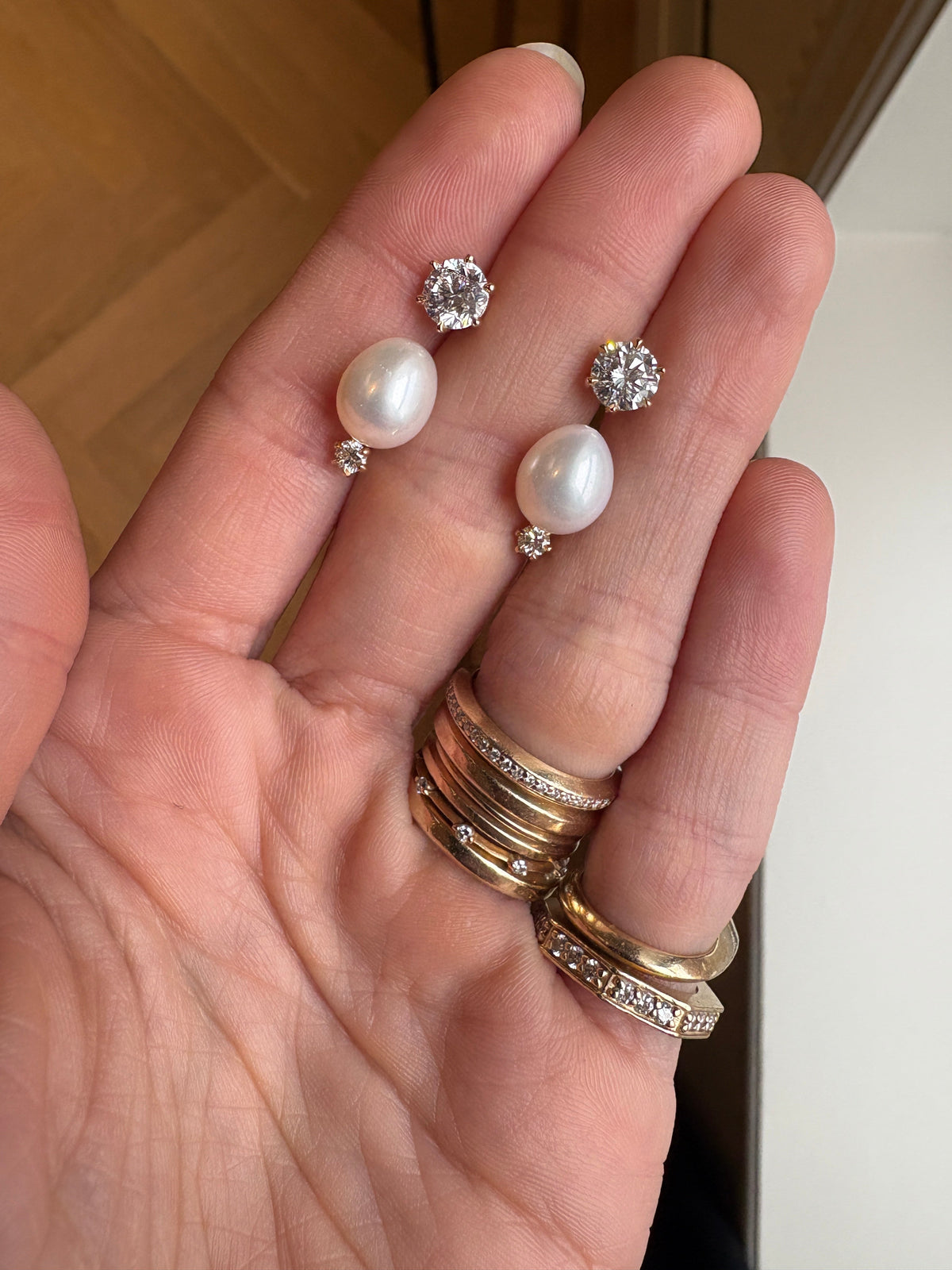 #11749 - Sarah Abraham - Custom Pearl & Diamond Drop Earrings - Removable Piece