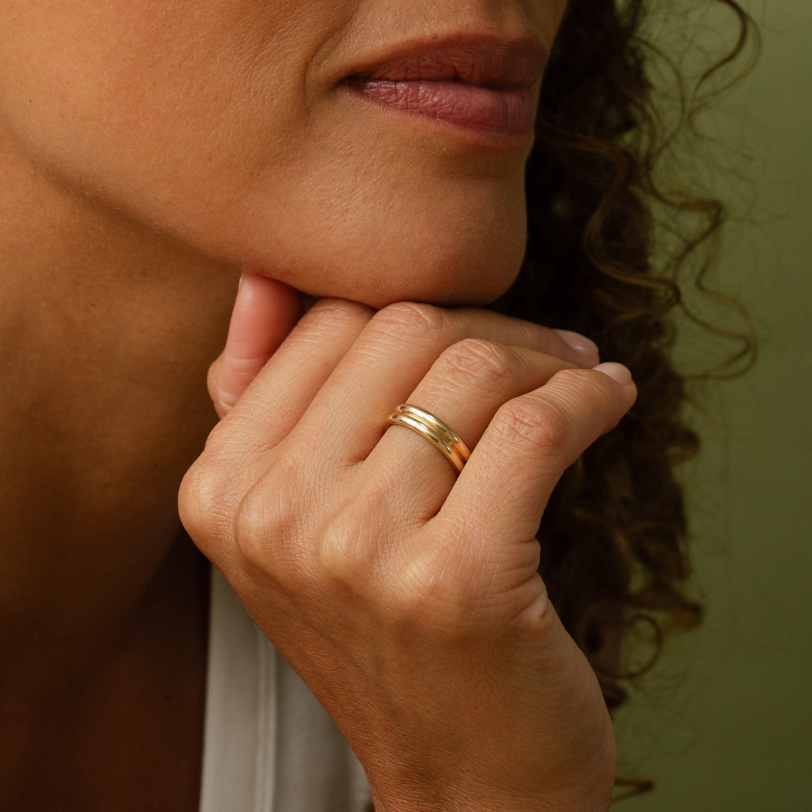 14k solid gold engravable Symmetry Loves Company ring with a double-ridged band