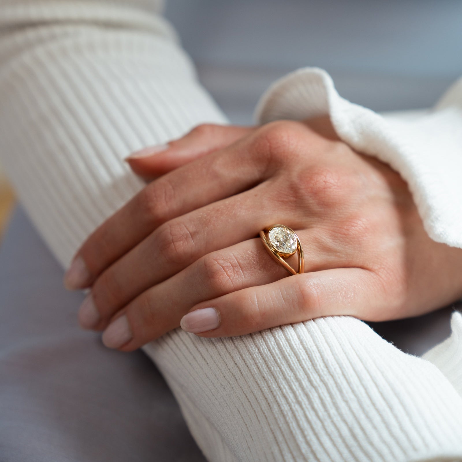 14k solid gold Union engagement ring with a bezel-set diamond