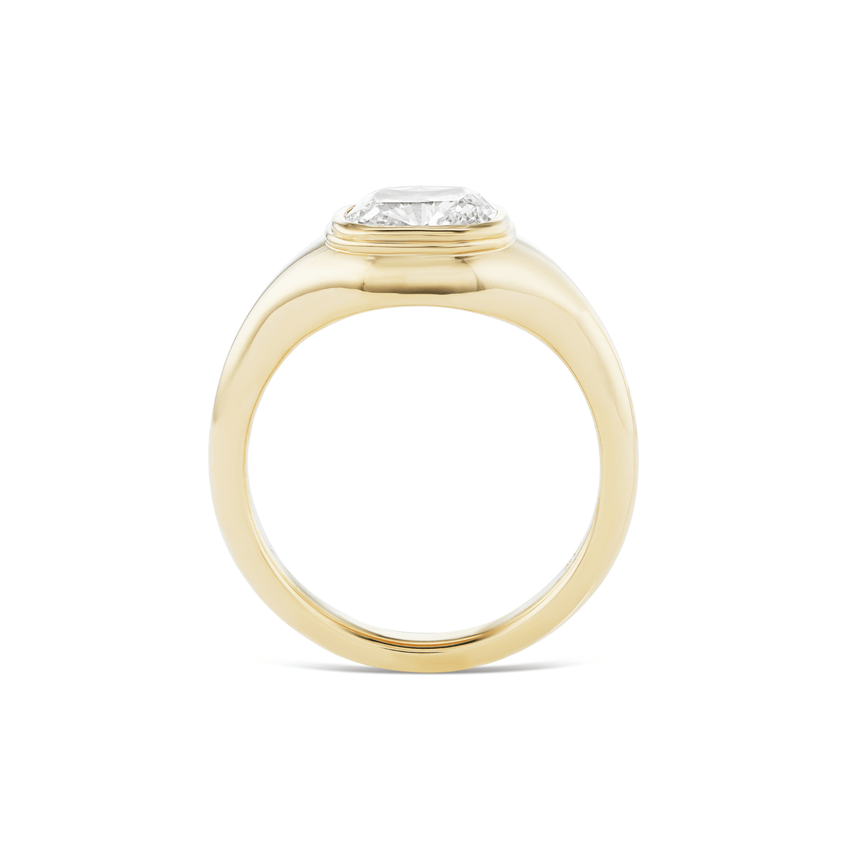 Side view of the 14k solid gold chunky gypset style bezel set engagement ring