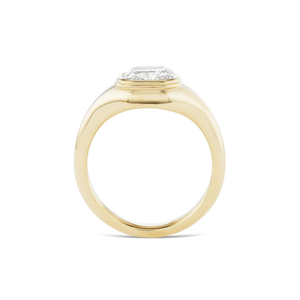 Side view of the 14k solid gold chunky gypset style bezel set engagement ring