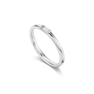 Rounded 14k white gold band with a petite baguette diamond