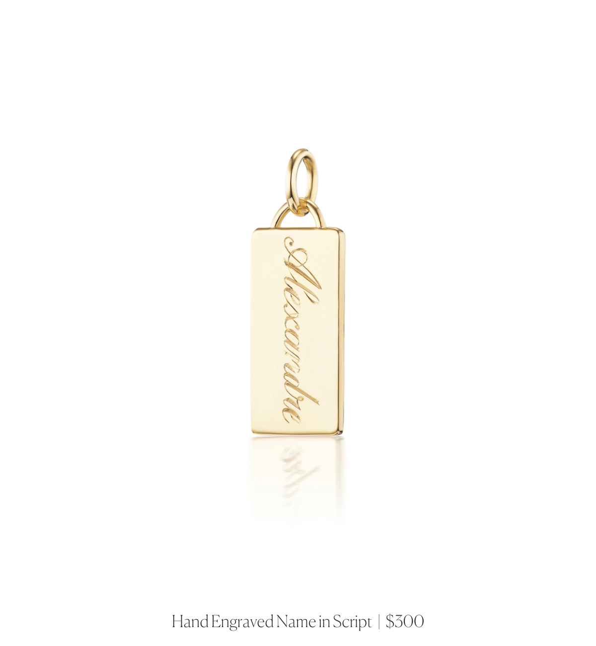 Hand engraved script name on the 14k solid gold rectangle charm 