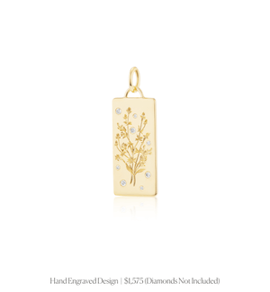 Hand engraved floral design with diamonds on the 14k solid gold rectangle charm 