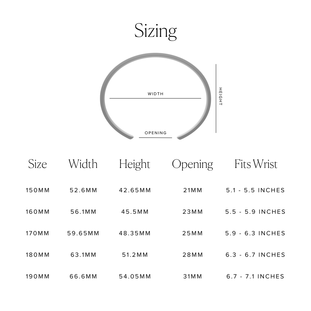 Sizing chart for Signature Cuff