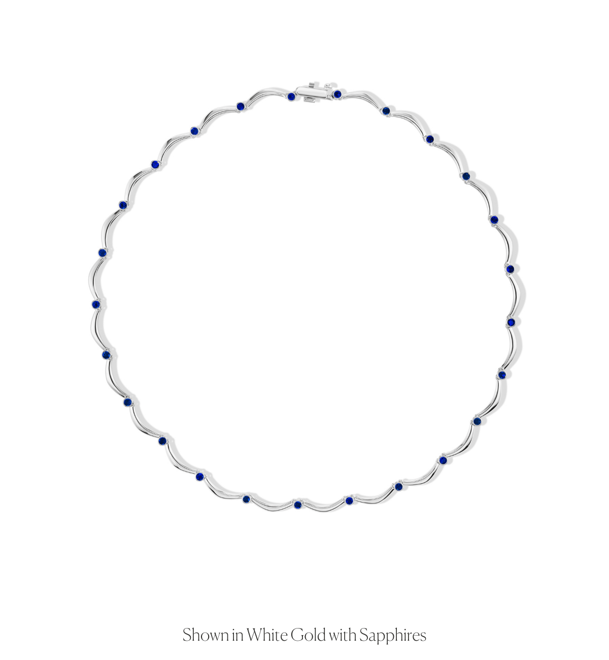 14k gold scalloped link tennis necklace with bezel set sapphires