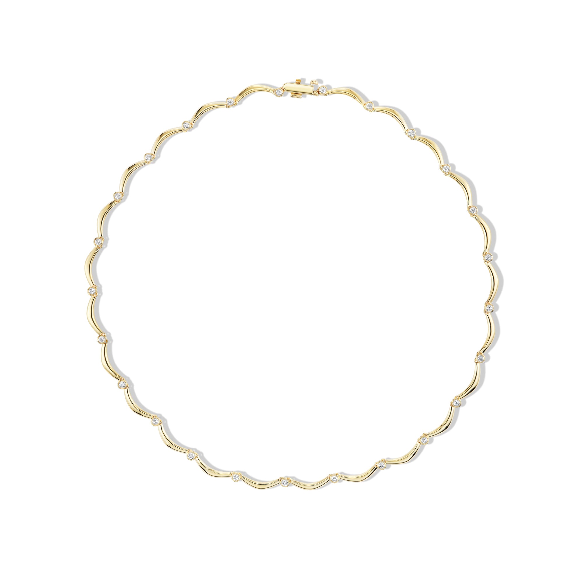 14k gold scalloped link tennis necklace with bezel set diamonds