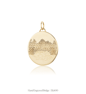 Hand engraved image of a bridge on the 14k solid gold circle charm