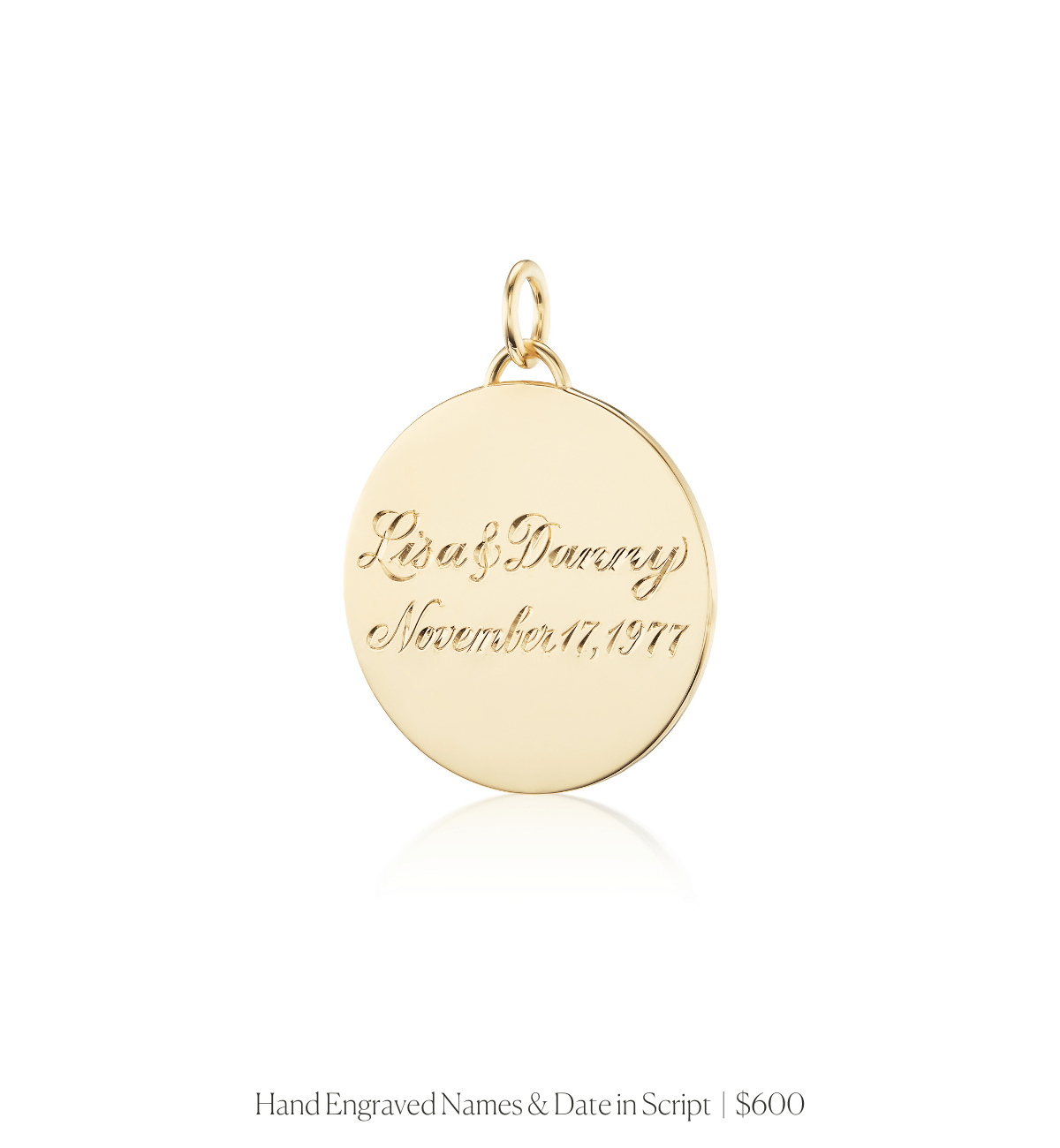 Hand engraved names and date in script on the 14k solid gold circle charm
