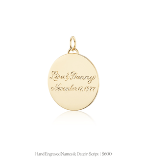 Hand engraved names and date in script on the 14k solid gold circle charm