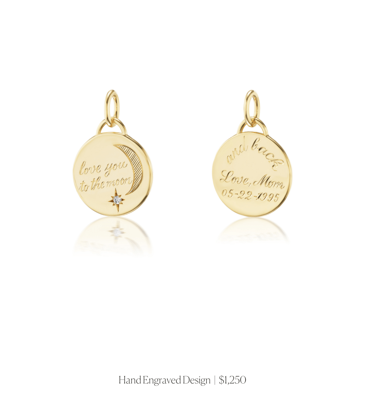 Hand engraved design on the front and back of the 14k solid gold circle charm