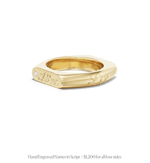 Hand engraved names in script on all four sides of 14k solid gold double sided straight signet ring