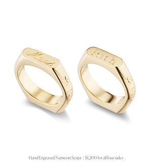 Hand engraved name in script on all four sides of 14k solid gold double sided straight signet ring