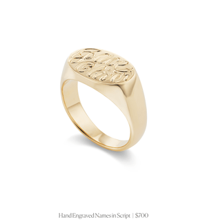 Hand engraved names in script on 14k solid gold oval signet ring