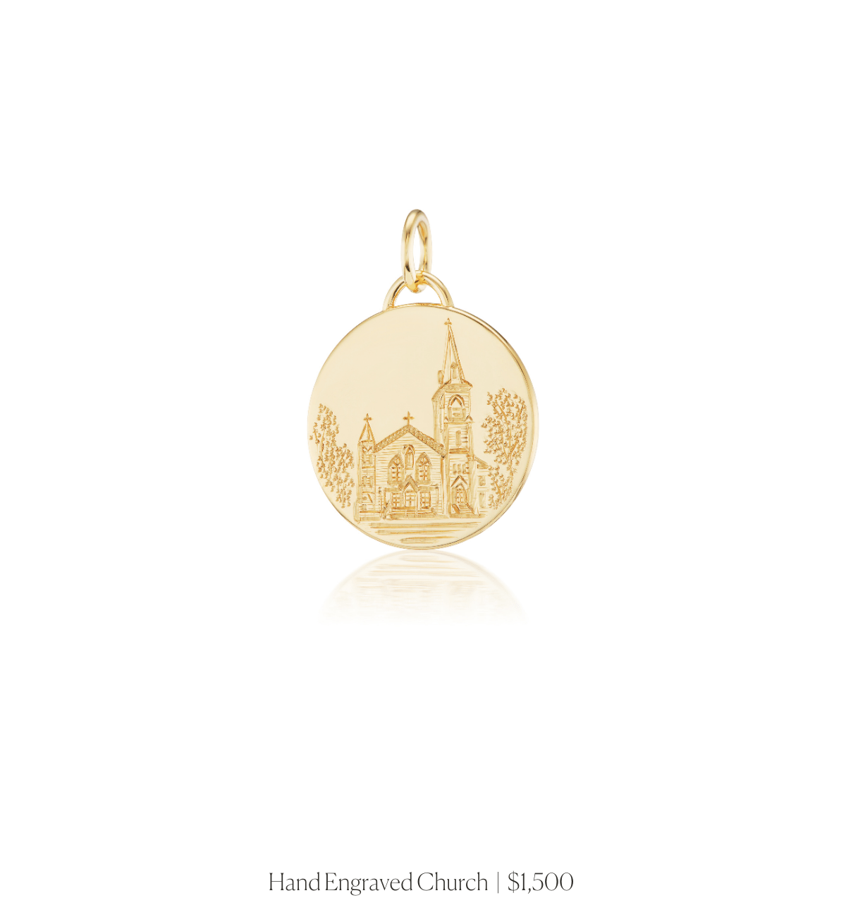 Hand engraved image of a church on the 14k solid gold circle charm