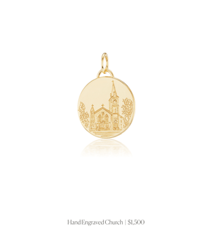 Hand engraved image of a church on the 14k solid gold circle charm