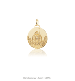 Hand engraved image of a church on the 14k solid gold circle charm