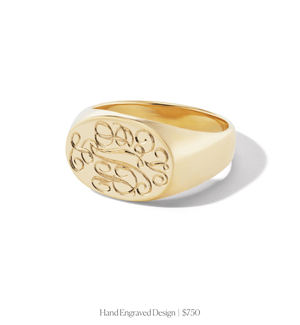 Hand engraved design on 14k solid gold oval signet ring