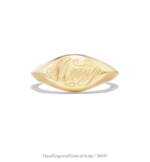 Hand engraved name in script on 14k solid gold marquise shaped signet ring