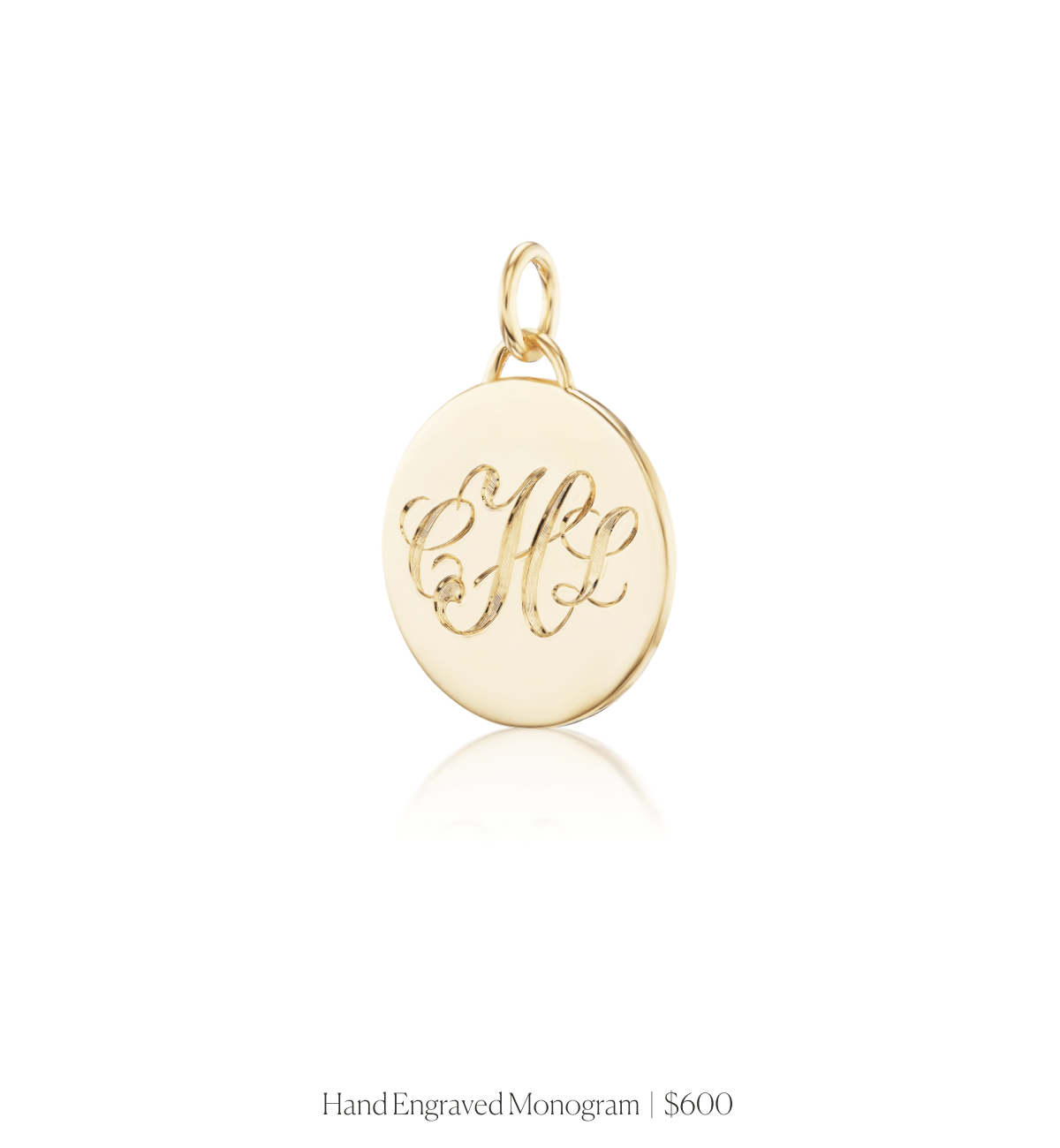Hand engraved script monogram on the 14k solid gold circle charm