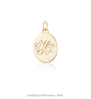 Hand engraved script monogram on the 14k solid gold circle charm