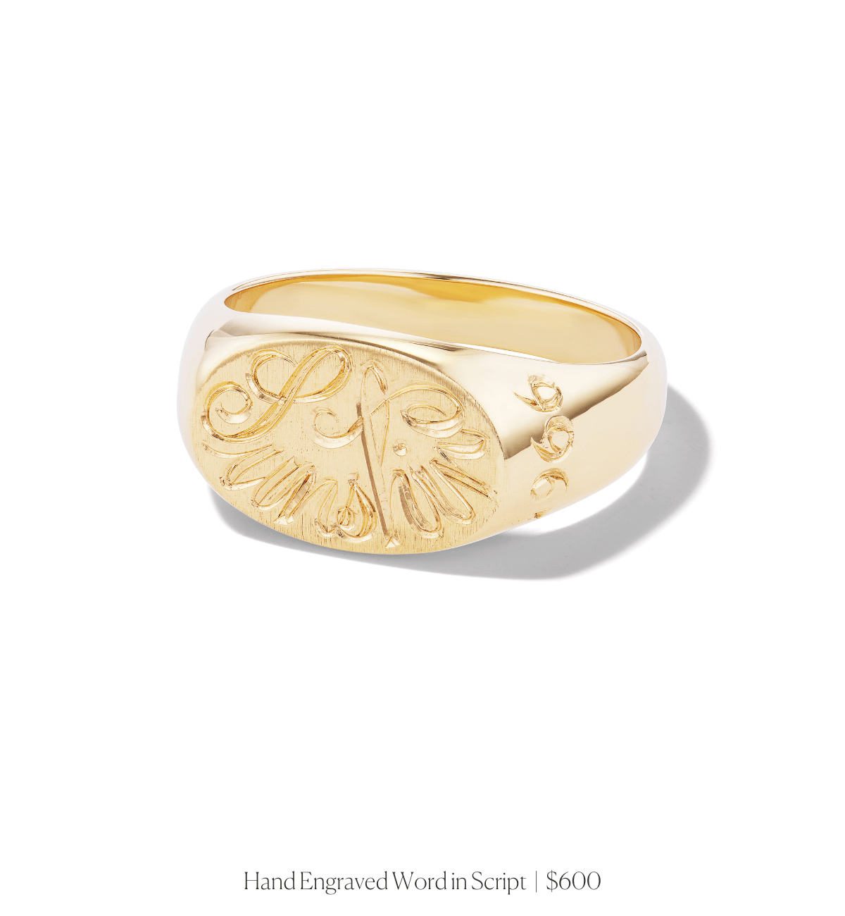 Hand engraved word in script on 14k solid gold oval signet ring