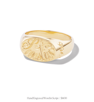 Hand engraved word in script on 14k solid gold oval signet ring