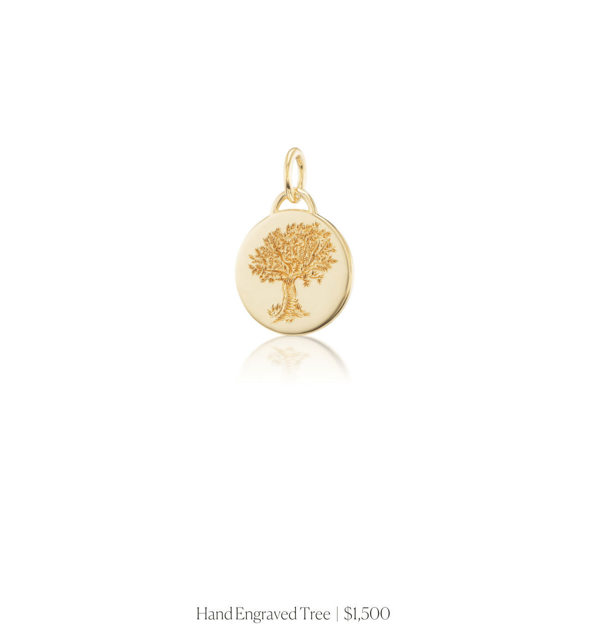 Hand engraved image of a tree on the 14k solid gold circle charm