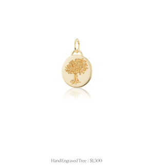 Hand engraved image of a tree on the 14k solid gold circle charm