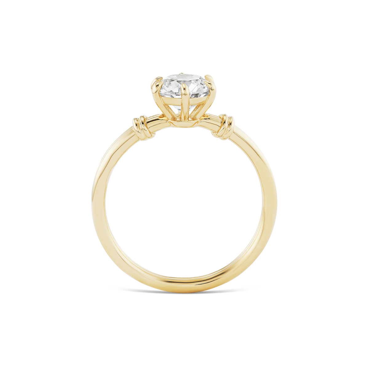 Side view of the 14k gold double band knot design engagement ring