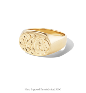 Hand engraved name in script on 14k solid gold oval signet ring