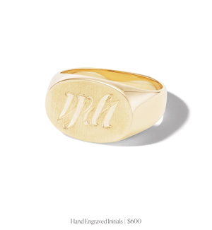 Hand engraved initials on 14k solid gold oval signet ring